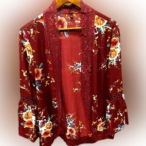 Burgundy Wine Floral Open Wrap Cardigan Kimono Size M